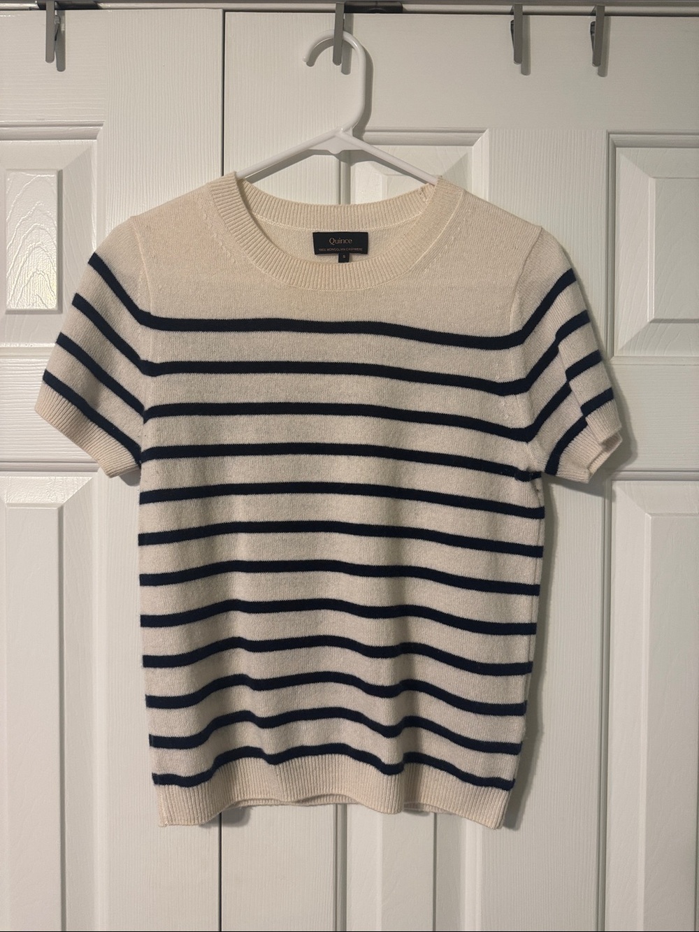 Quince Cream Crewneck Short-Sleeve Sweater with Navy Stripes